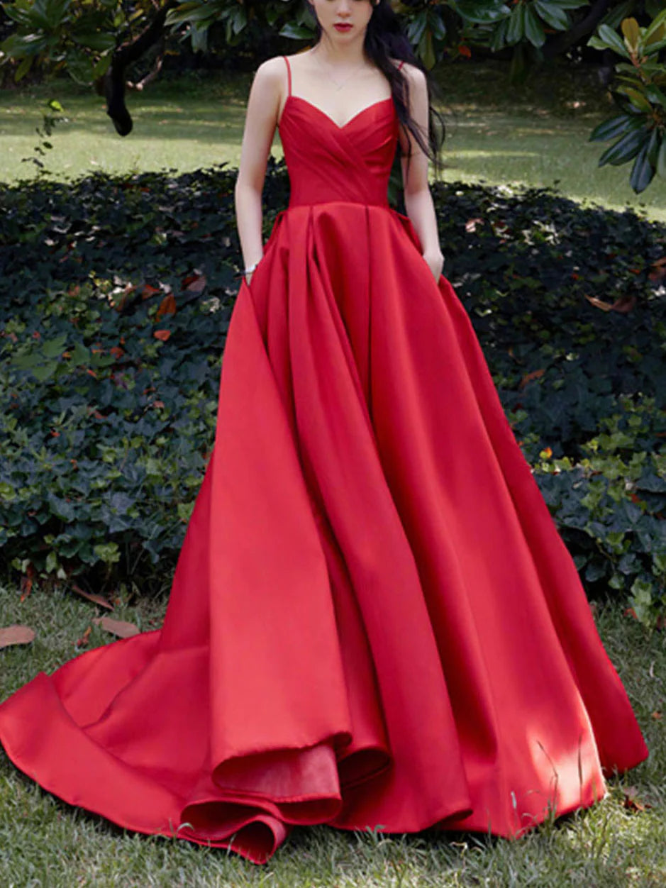 Simple red v neck satin long prom dress red evening dress
