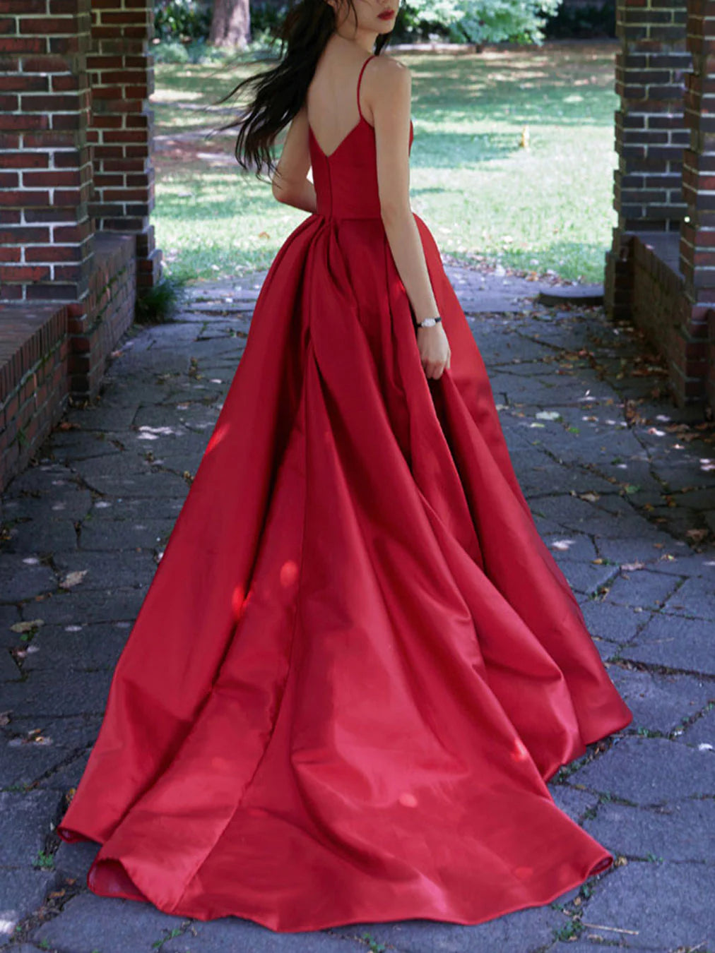 Simple red v neck satin long prom dress red evening dress
