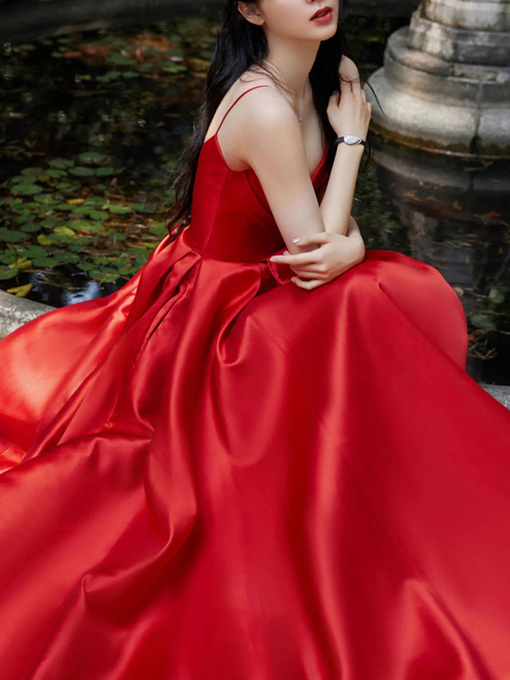 Simple red v neck satin long prom dress red evening dress
