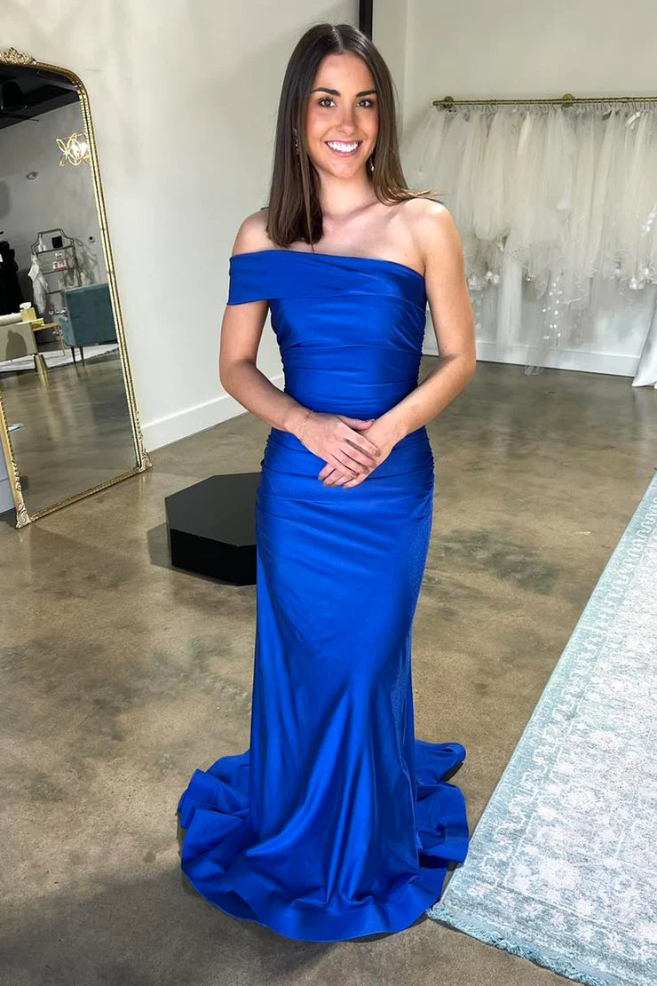 Charming Mermaid One Shoulder Royal Blue Satin Long Prom Dress