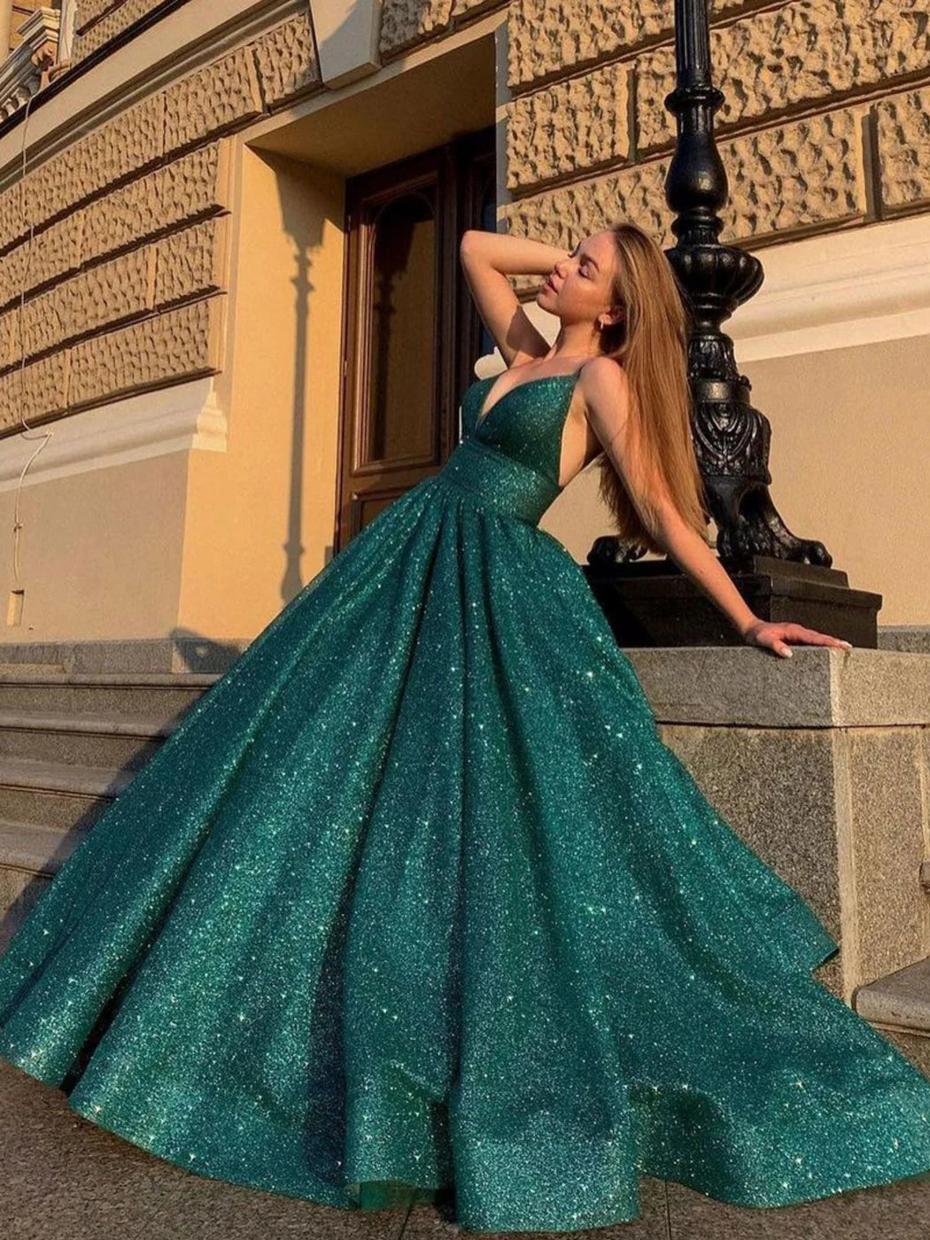 Green v neck sequin long prom dress green formal dress