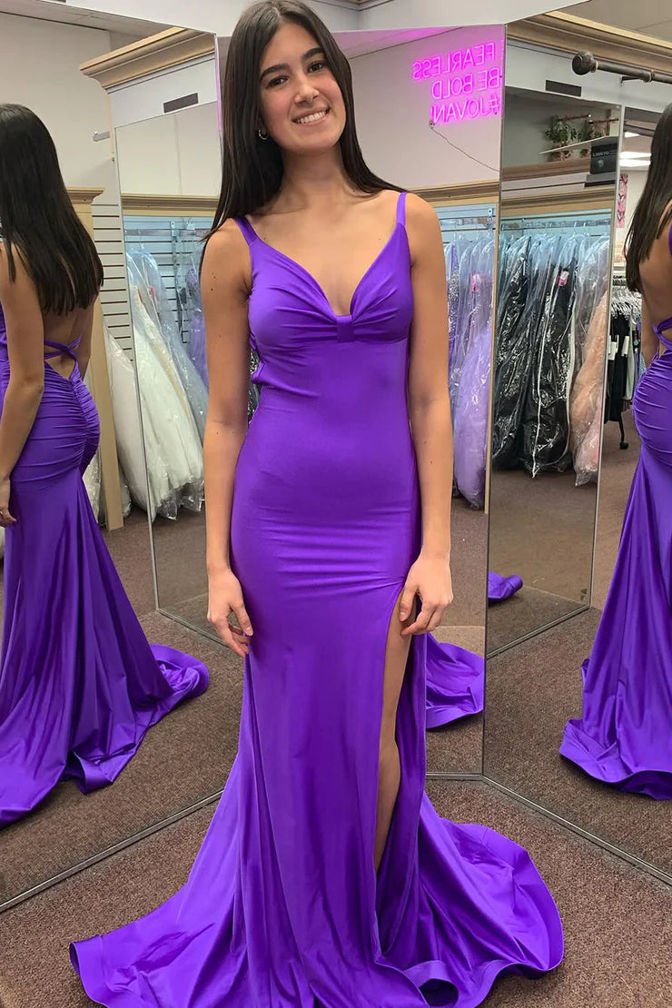 Enchanting mermaid V-neck purple satin long ball dress with slit