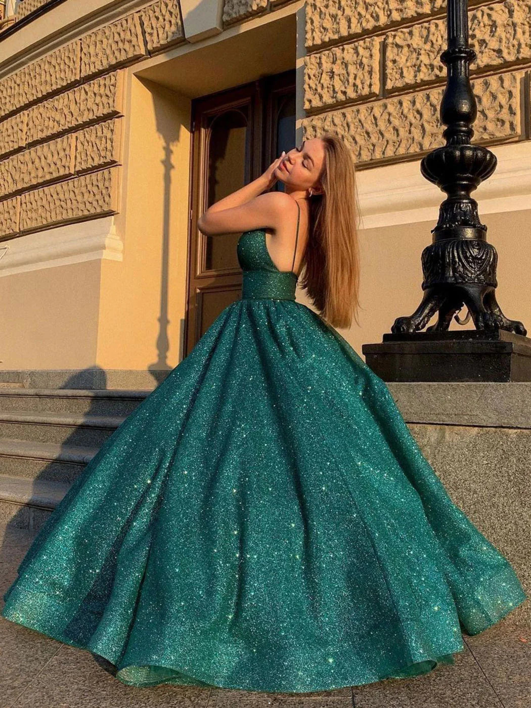 Green v neck sequin long prom dress green formal dress