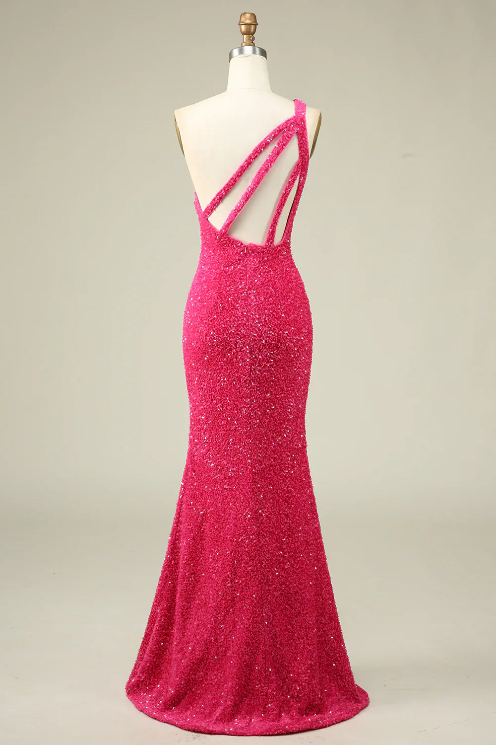 DingJiDress Mermaid One Shoulder Fuchsia Sequins Long Prom Dress with Split Front