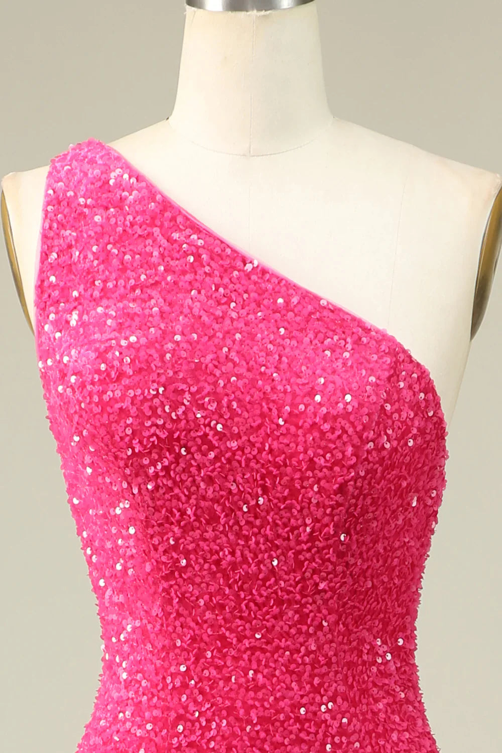 DingJiDress Mermaid One Shoulder Fuchsia Sequins Long Prom Dress with Split Front