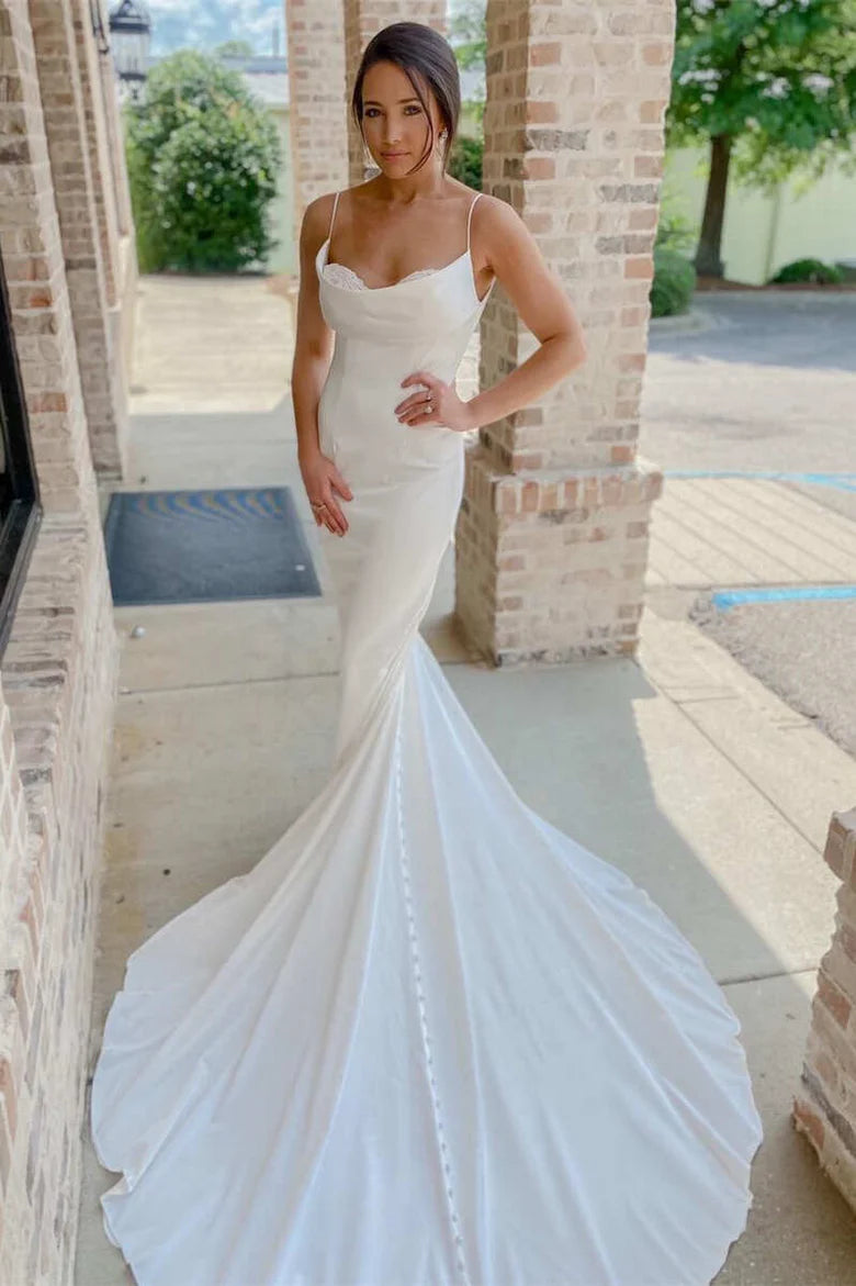 White Cowl Neck Spaghetti Straps Mermaid Long Bridal Gown