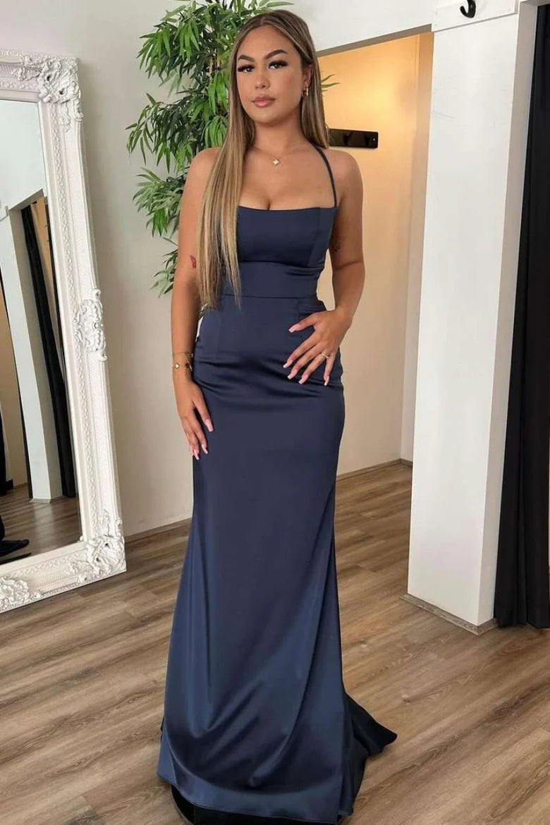 Mermaid Scoop Pleated Satin Sleeveless Long Formal Dress with Lace Up Back ﻿