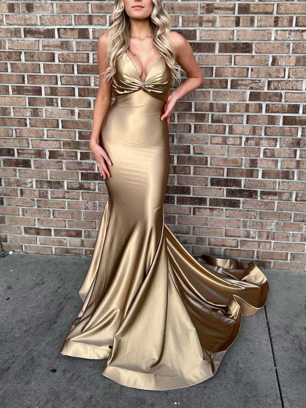 Simple gold satin mermaid long prom dress gold evening dress