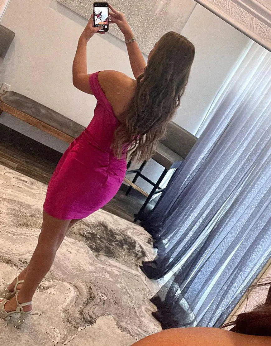 Off the Shoulder Blue Satin Tight Homecoming Dress with Pleated