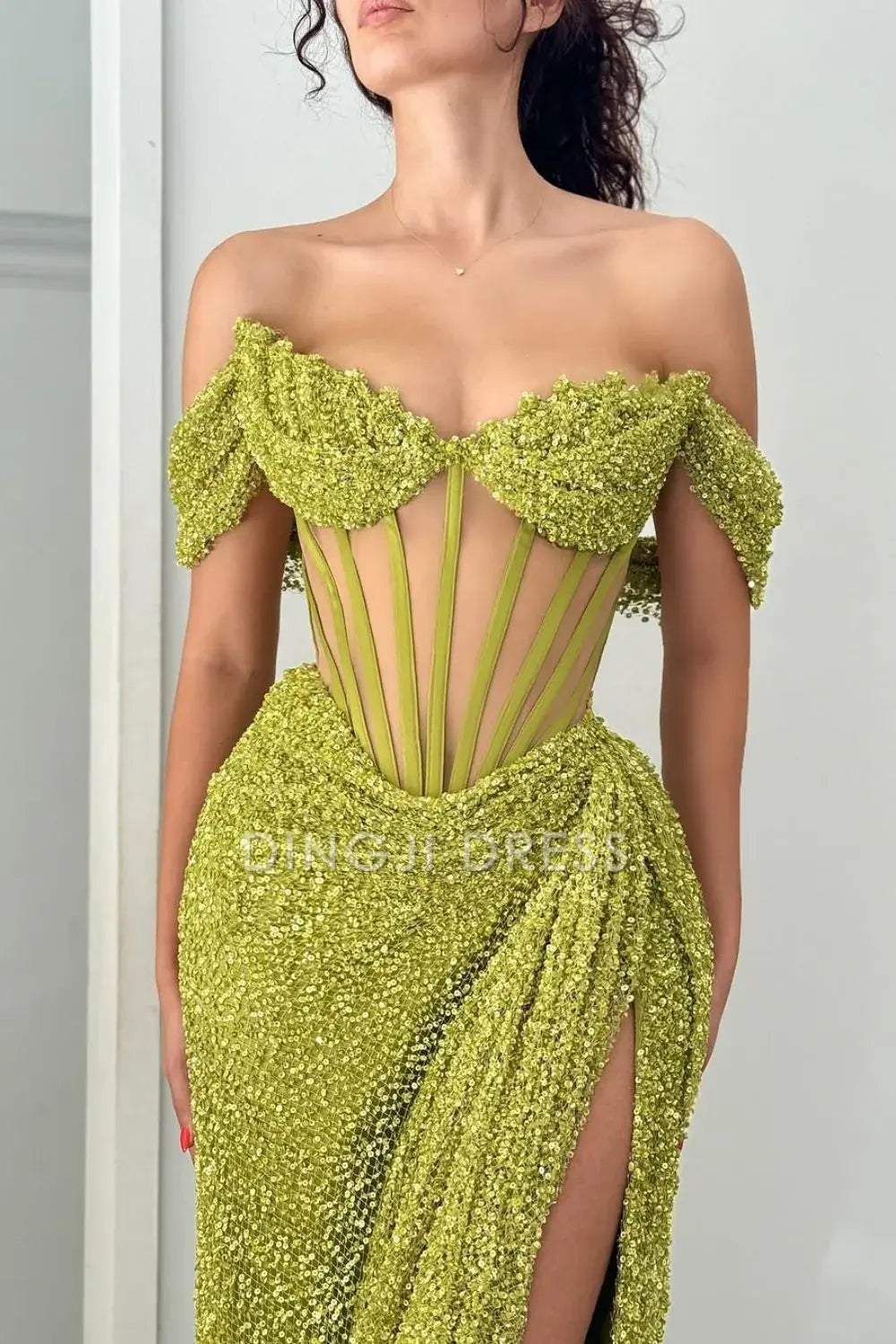 DingJiDress Sparkly Mermaid Off The Shoulder Long with High Slit Charming Prom Dress