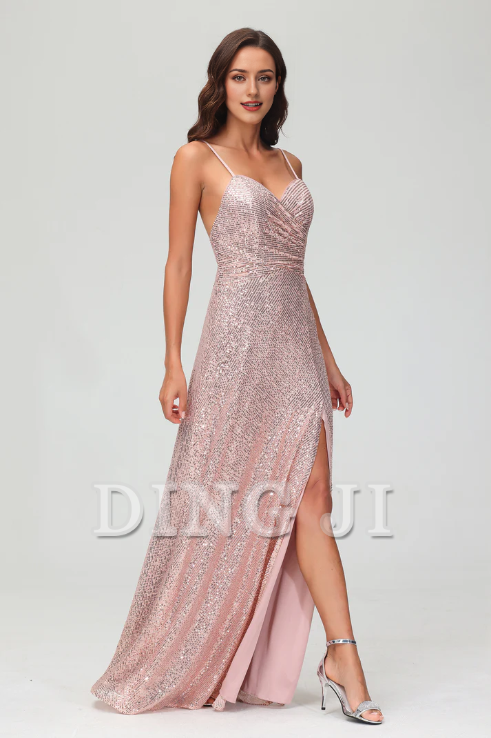 DingJiDress Evening Dress Sweetheart Spaghetti Straps Sequins Sheath Backless Long Dress Side Fork Floor-Length Charming Wedding Guest Dresses