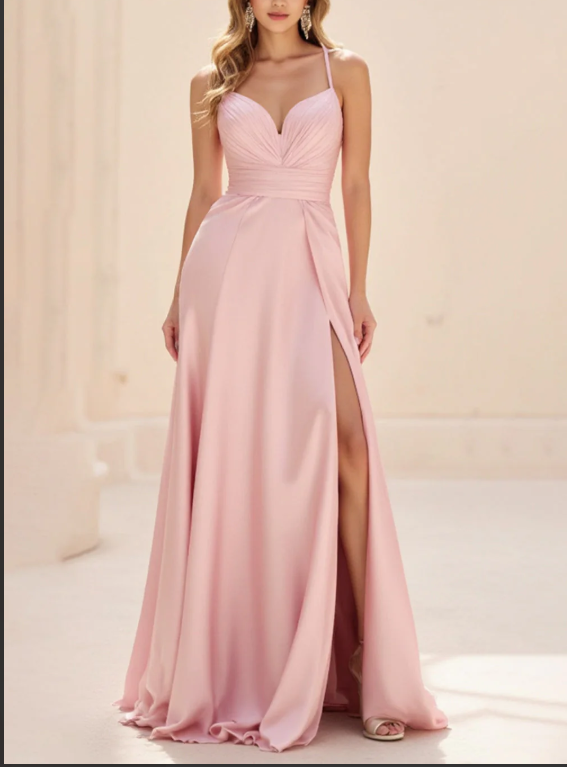 Pink Spaghetti Straps Ruched Long Prom Dress with Slit
