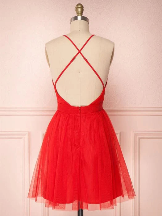 Simple Red V Neck Backless Tulle Homecoming Short Prom Cute Red Formal Evening Graduation
