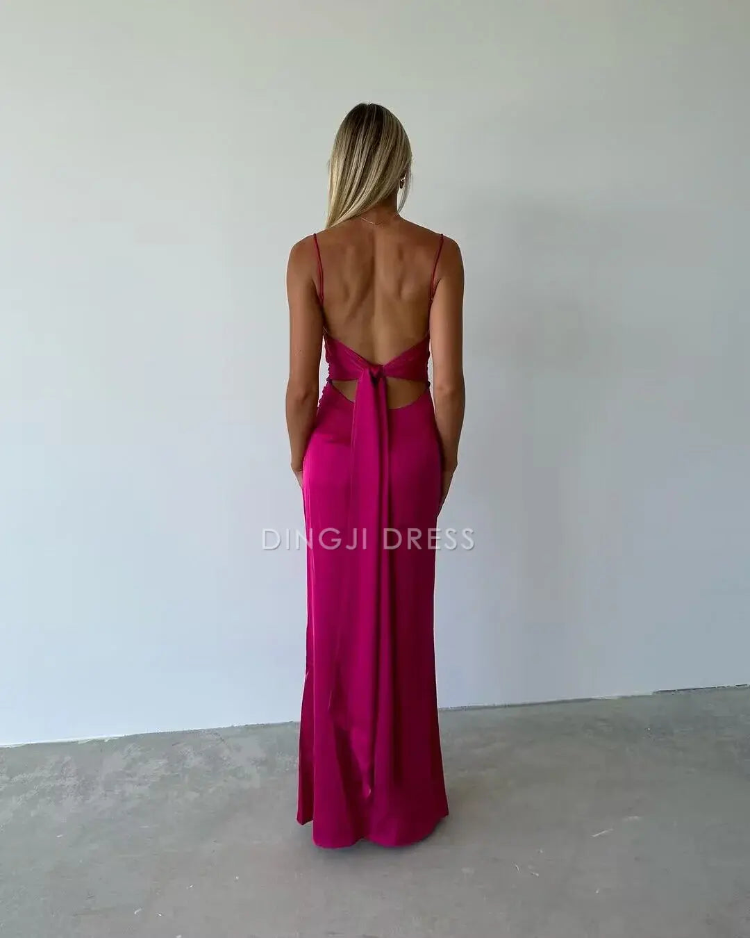DingJiDress Satin Sheath Spaghetti Strap Sleeveless Backless Charming Exquisite Prom Dress