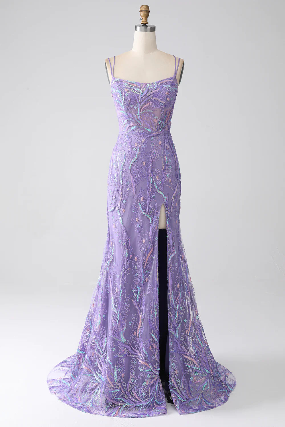 DingJiDress Mermaid Lace-Up Back Lilac Sequins Prom Dress with Slit