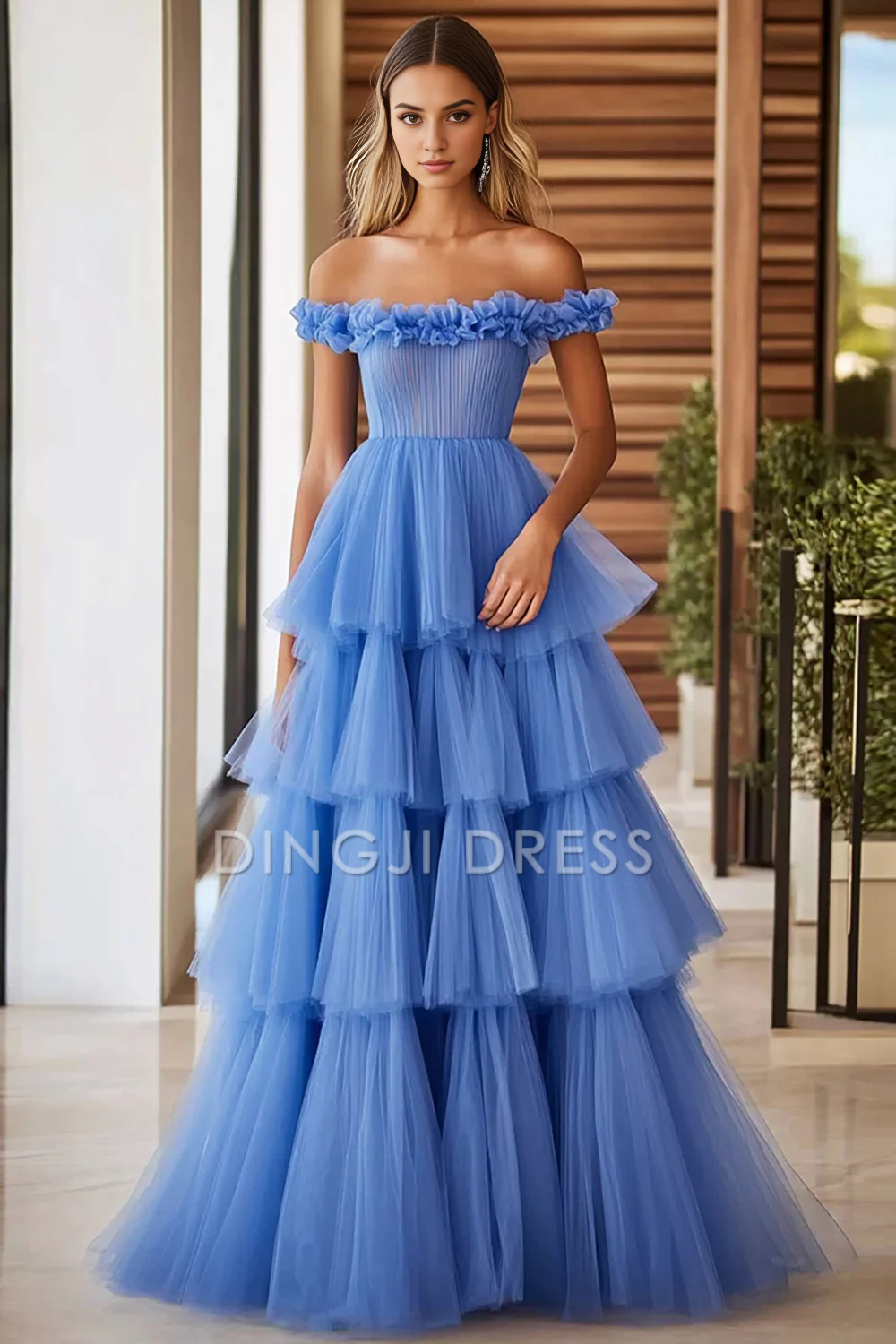 DingJiDress High Quality Dress A Line Off The Shoulder Exquisite Pleated Tiered Long Prom Dress