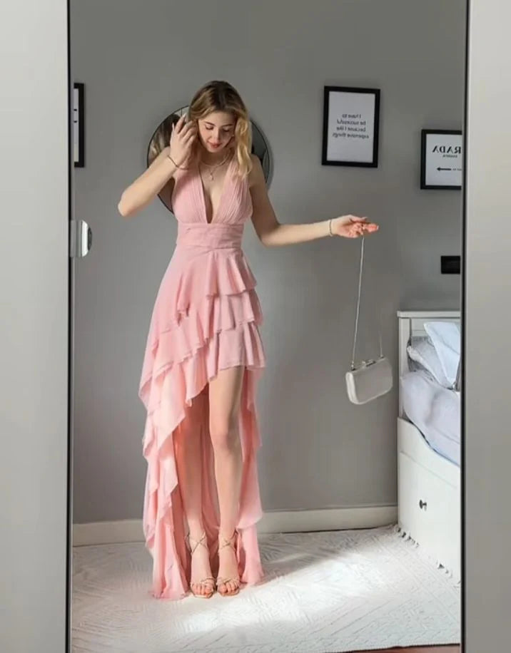 Pink Sexy Chiffon V-neck Ball Dress Formal Evening Dress