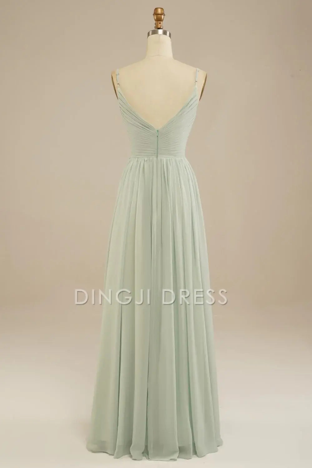 DingJiDress Elegant A-Line V Neck Spaghetti Strap Pleated Floor Length Chiffon Simple Prom Dress