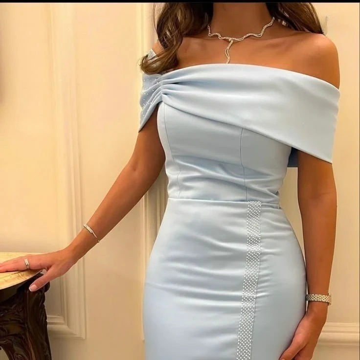 Simple satin light blue party evening dress, ball dress