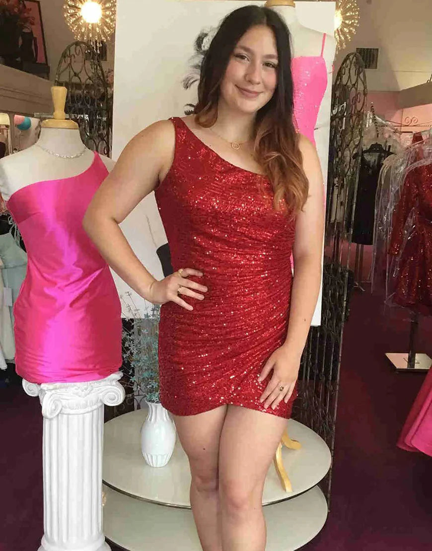 Pink One Shoulder Sequins Tight Glitter Homecoming Dress ﻿