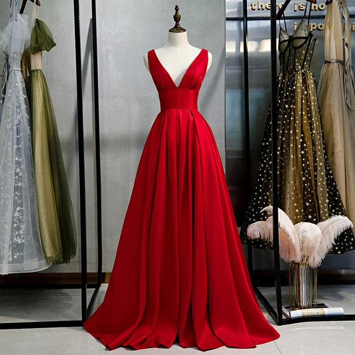 Red V-neckline Satin Floor Length Prom DressRed Evening Gown