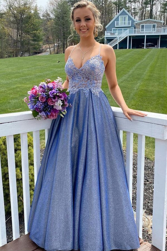 A-line Blue Straps Appliques Long Prom Dress