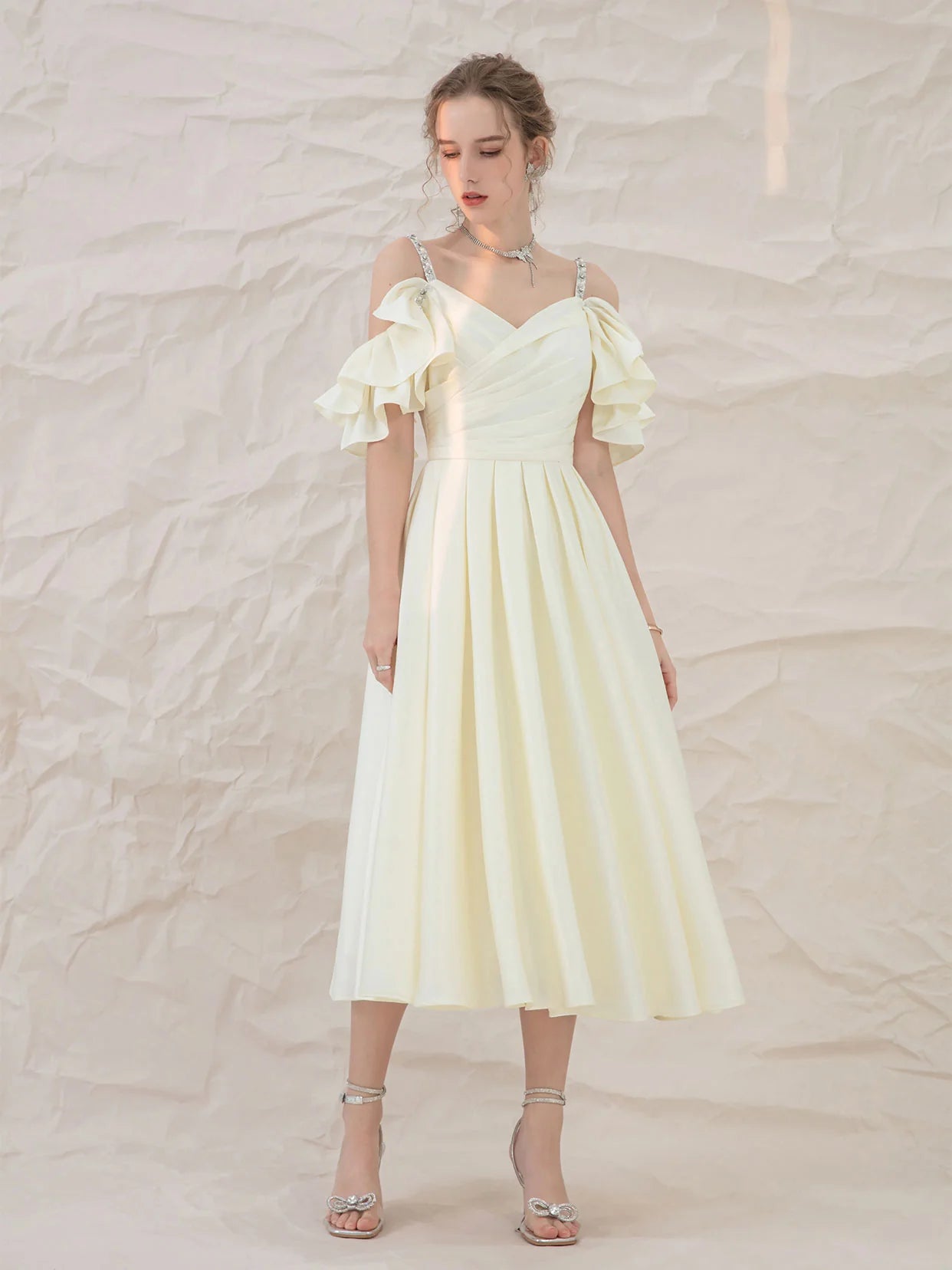 Light yellow satin short prom dress  yellow bridesmaid dress