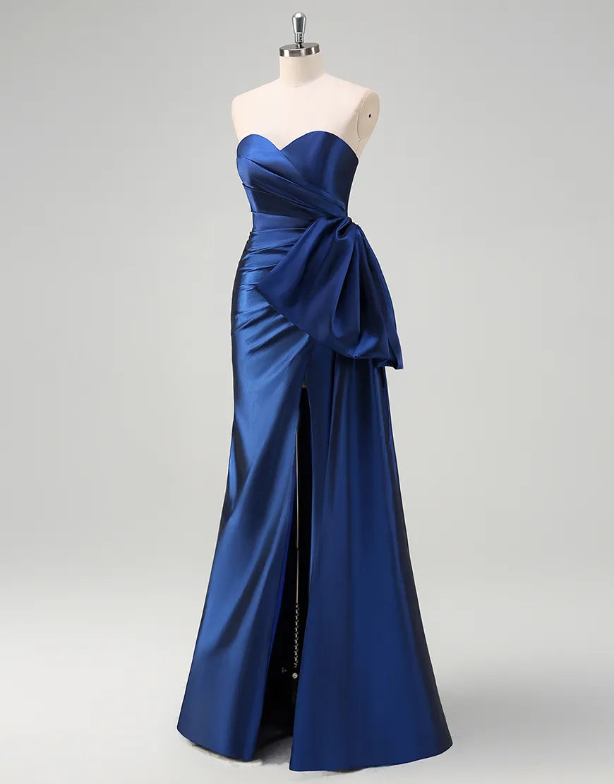 Deep blue satin long mermaid strapless pleated bow dance party dress