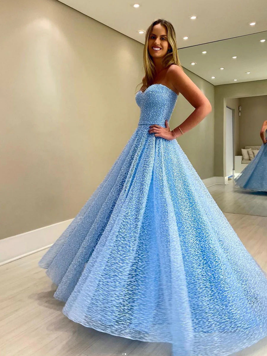 Blue sweetheart neck tulle beads long prom dress
