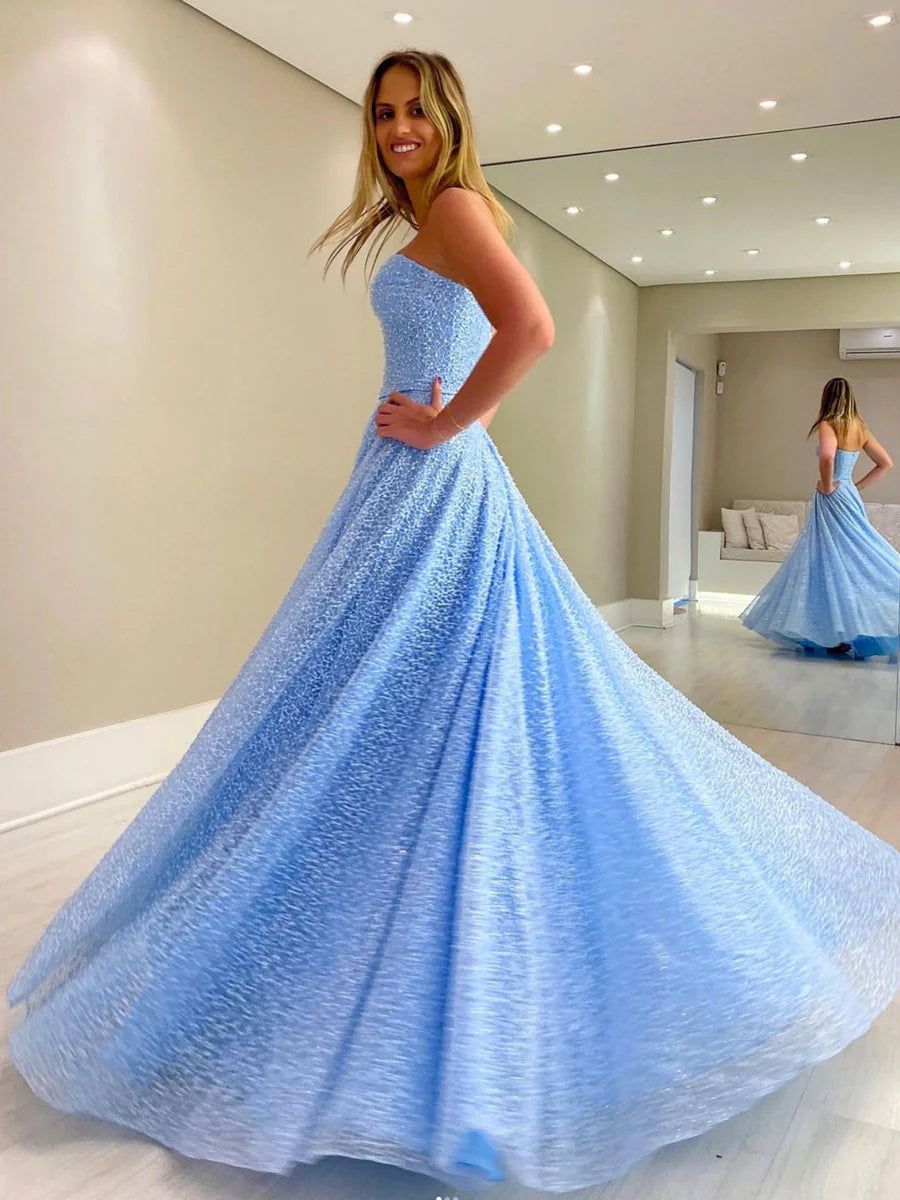 Blue sweetheart neck tulle beads long prom dress