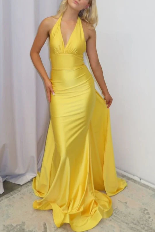 Yellow Halter V-Neck Pleated Satin Mermaid Long Prom Formal Dress ﻿