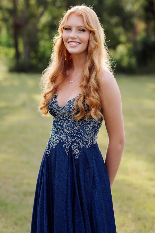 A-line Blue Straps Appliques Long Prom Dress