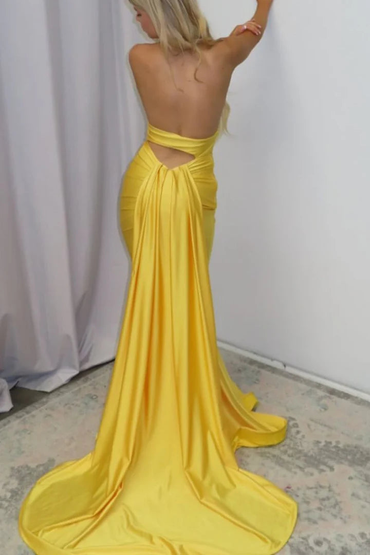 Yellow Halter V-Neck Pleated Satin Mermaid Long Prom Formal Dress ﻿