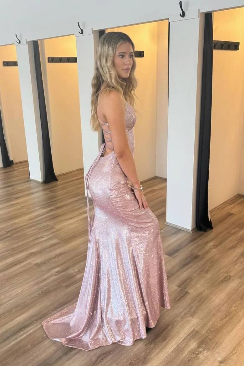 Romantic Pink Mermaid V-Neck Spaghetti Straps Lace Up Floor-Length Sequined Long Prom Dress