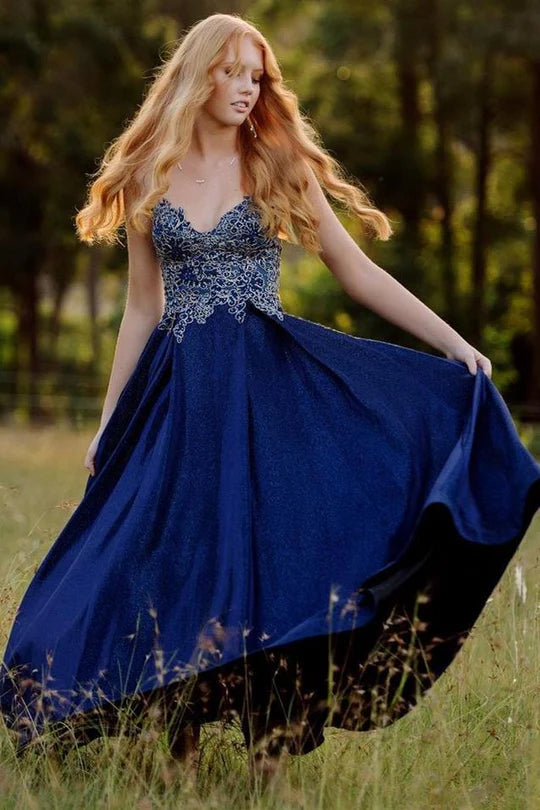 A-line Blue Straps Appliques Long Prom Dress