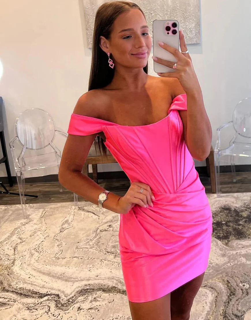 Off the Shoulder Blue Satin Tight Homecoming Dress with Pleated