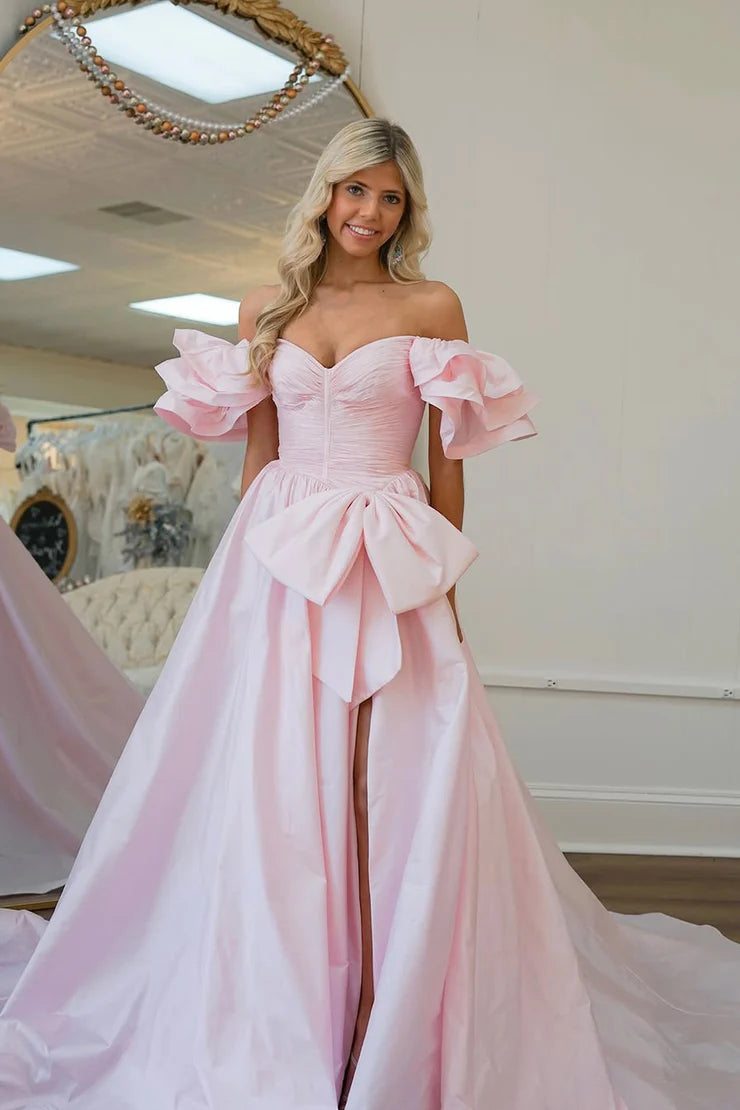 Ball Dress Off Shoulder Pink Satin Ball Dress with Bow