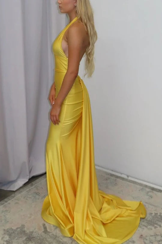 Yellow Halter V-Neck Pleated Satin Mermaid Long Prom Formal Dress ﻿