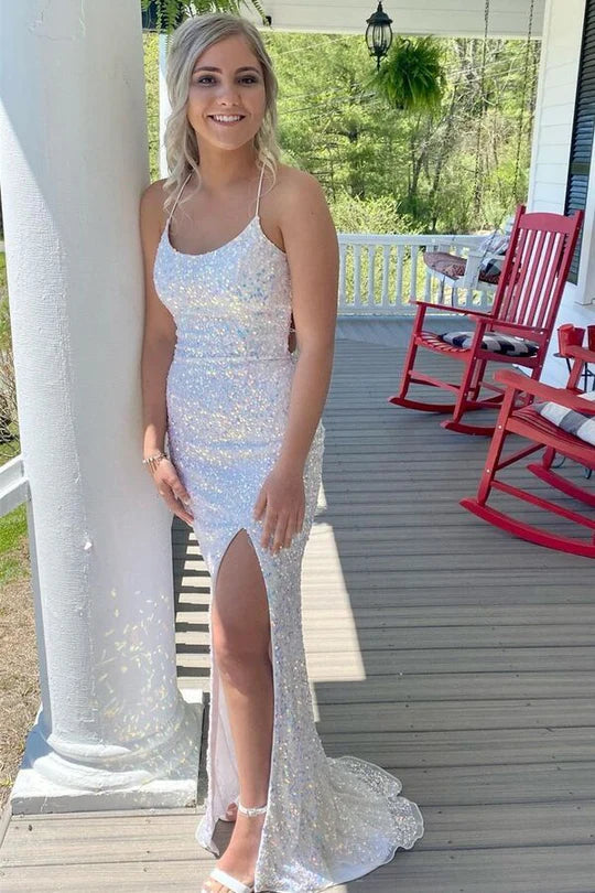 Mermaid White Sequins Long Prom Dress with Slit