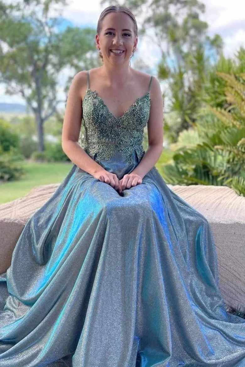 A-line Blue Straps Appliques Long Prom Dress