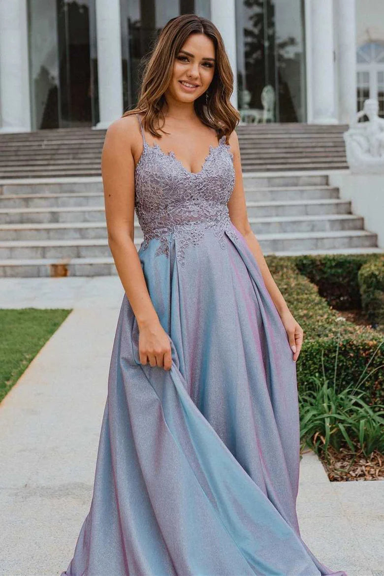 A-line Blue Straps Appliques Long Prom Dress