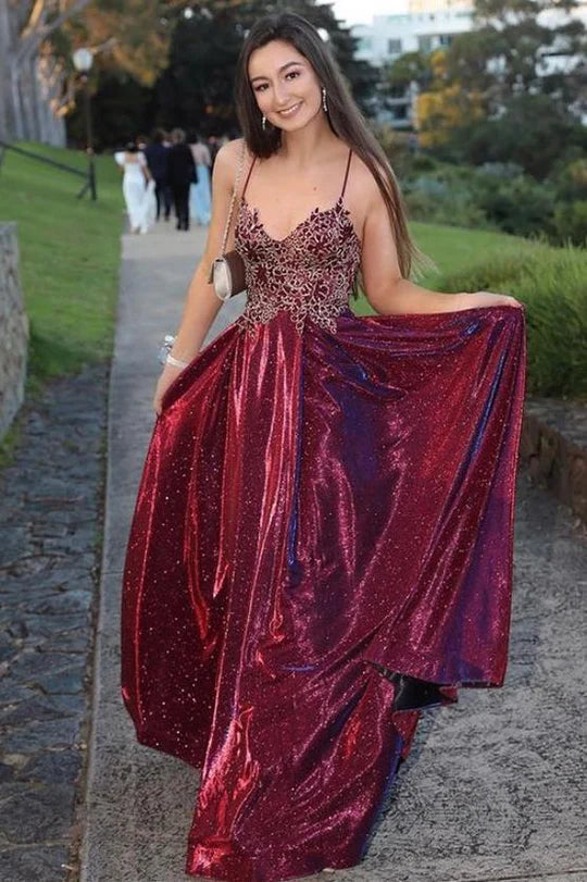 A-line Blue Straps Appliques Long Prom Dress