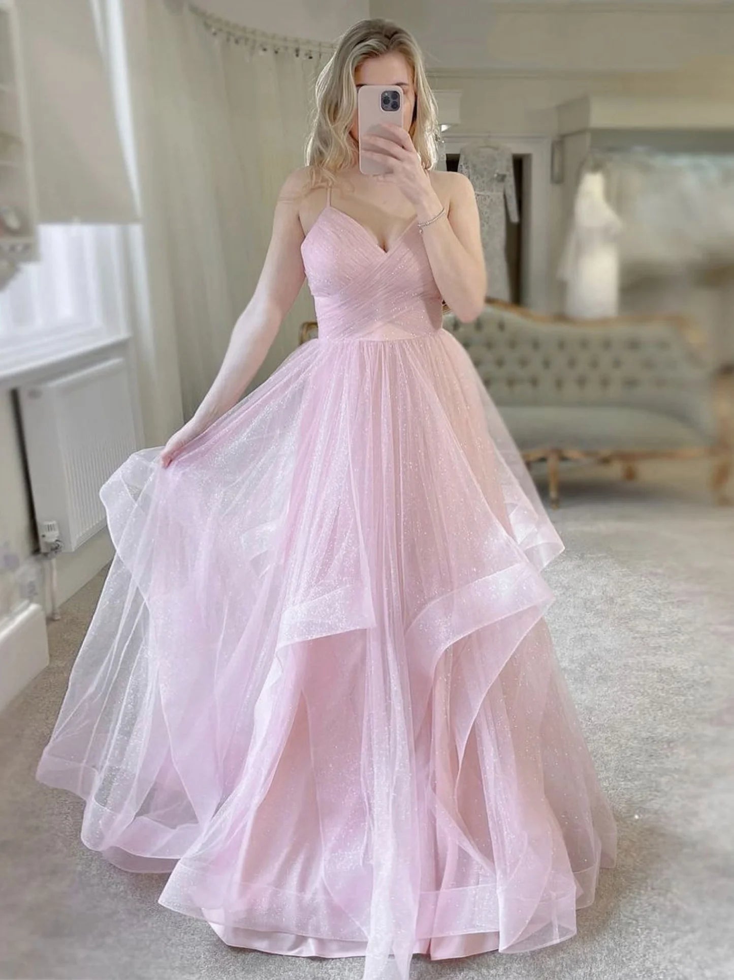 Simple pink v neck tulle long prom dress pink tulle formal dress