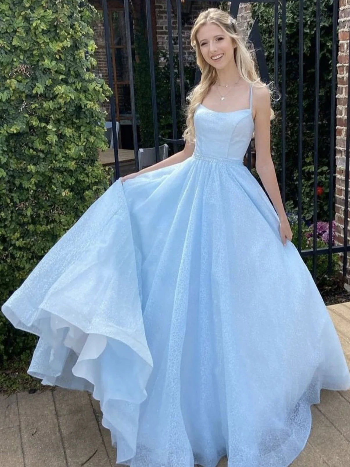 Simple blue tulle sequin long prom dress blue tulle formal dress