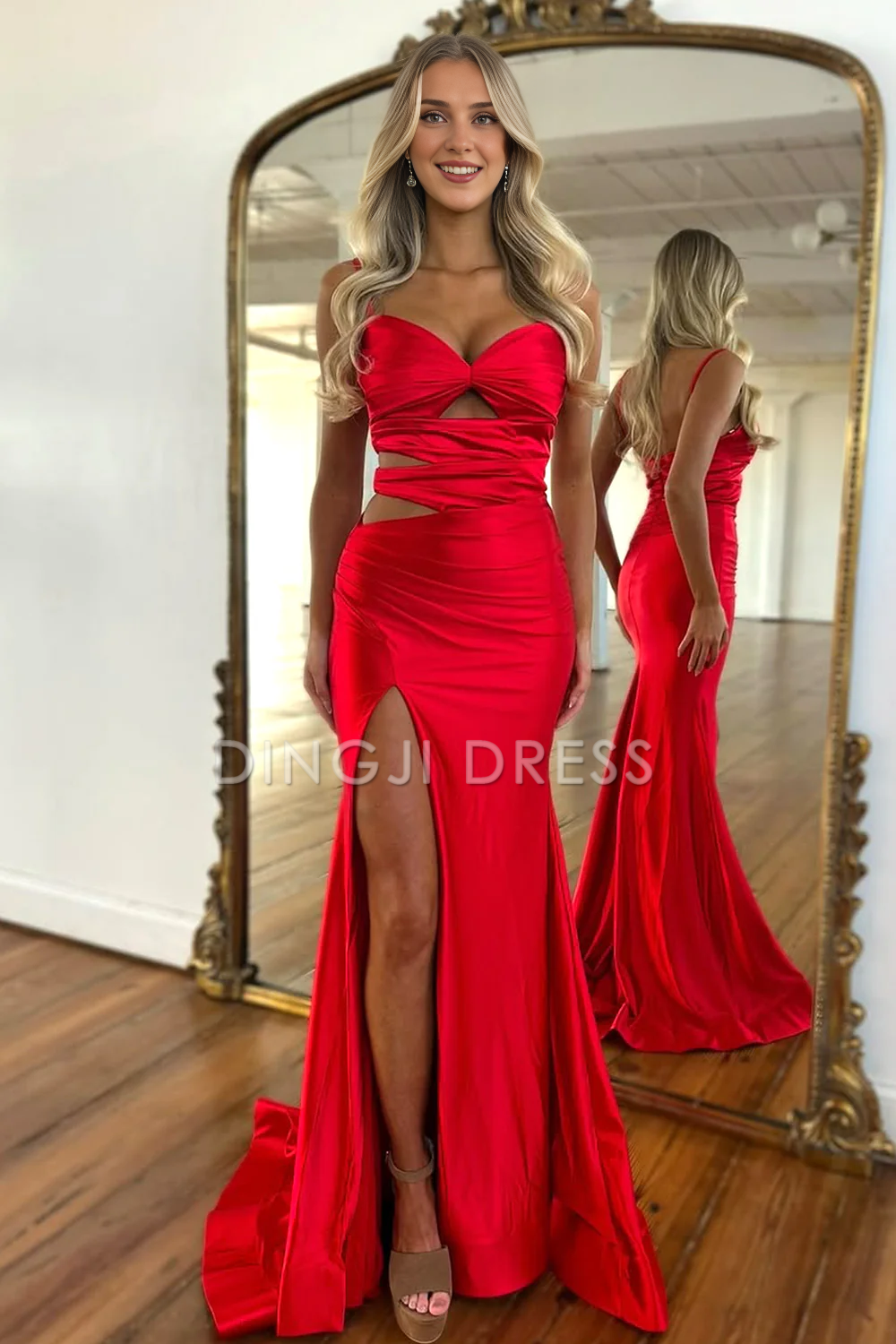 DingJiDress Exquisite Mermaid Spaghetti Straps Cutout Waist Long Satin Fashion Prom Dress