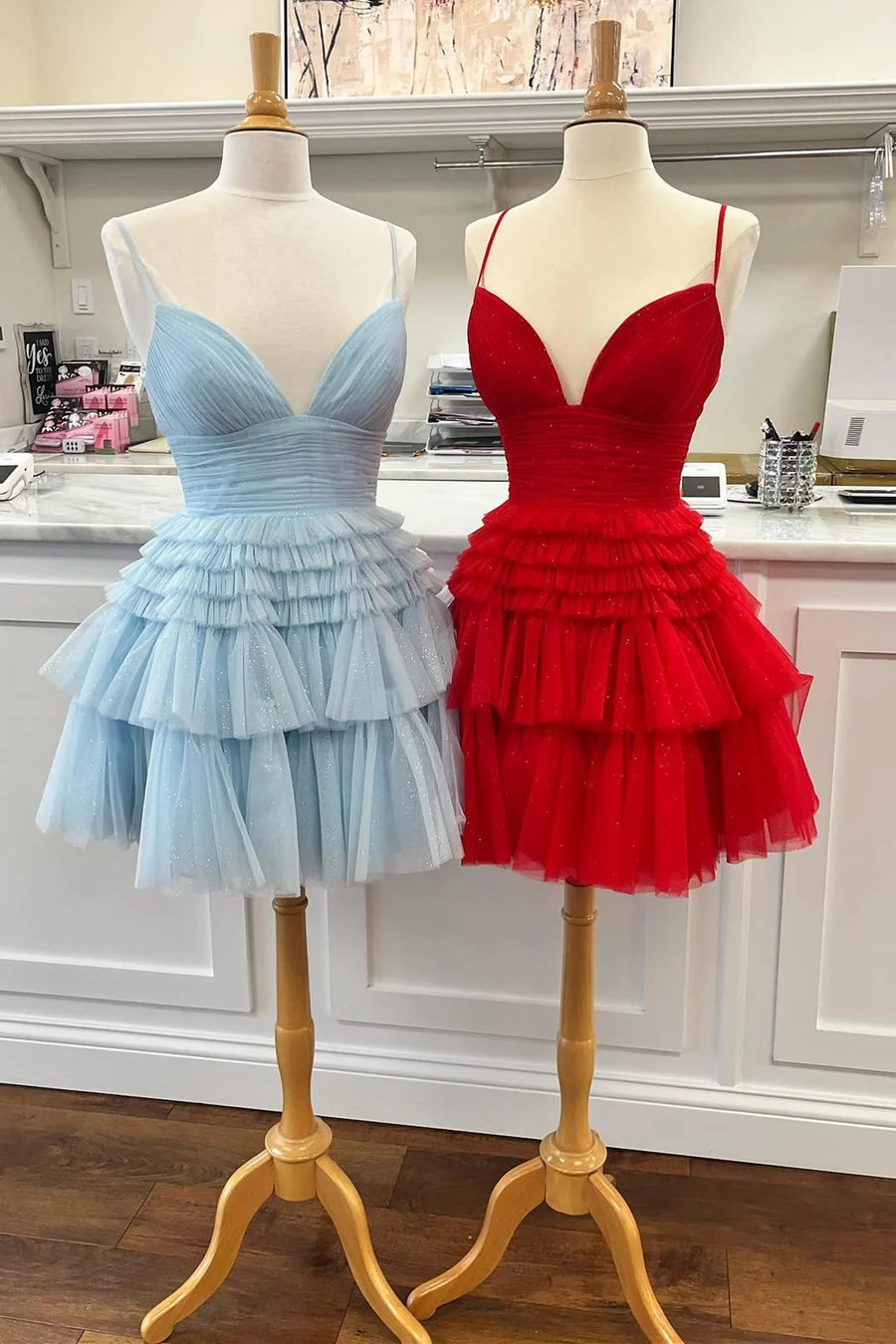 A-Line V-Neck Multi-Tiered Short Party Dress