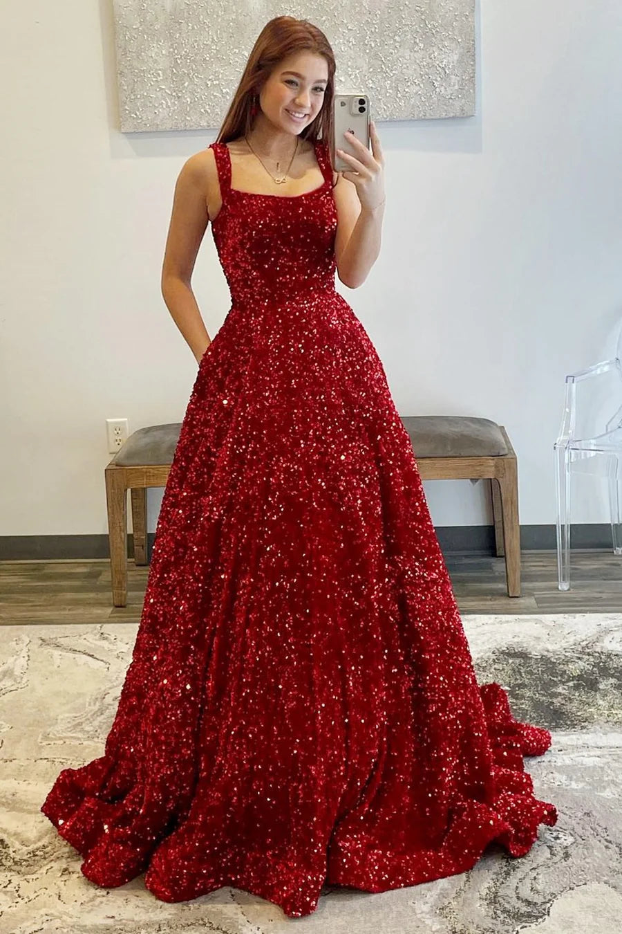 Red Sequin Square Neck Open Back Ball Gown