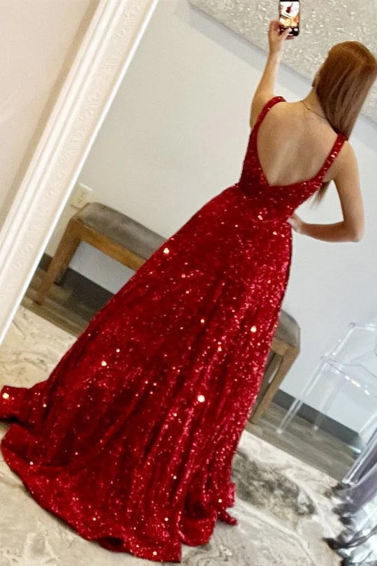 Red Sequin Square Neck Open Back Ball Gown