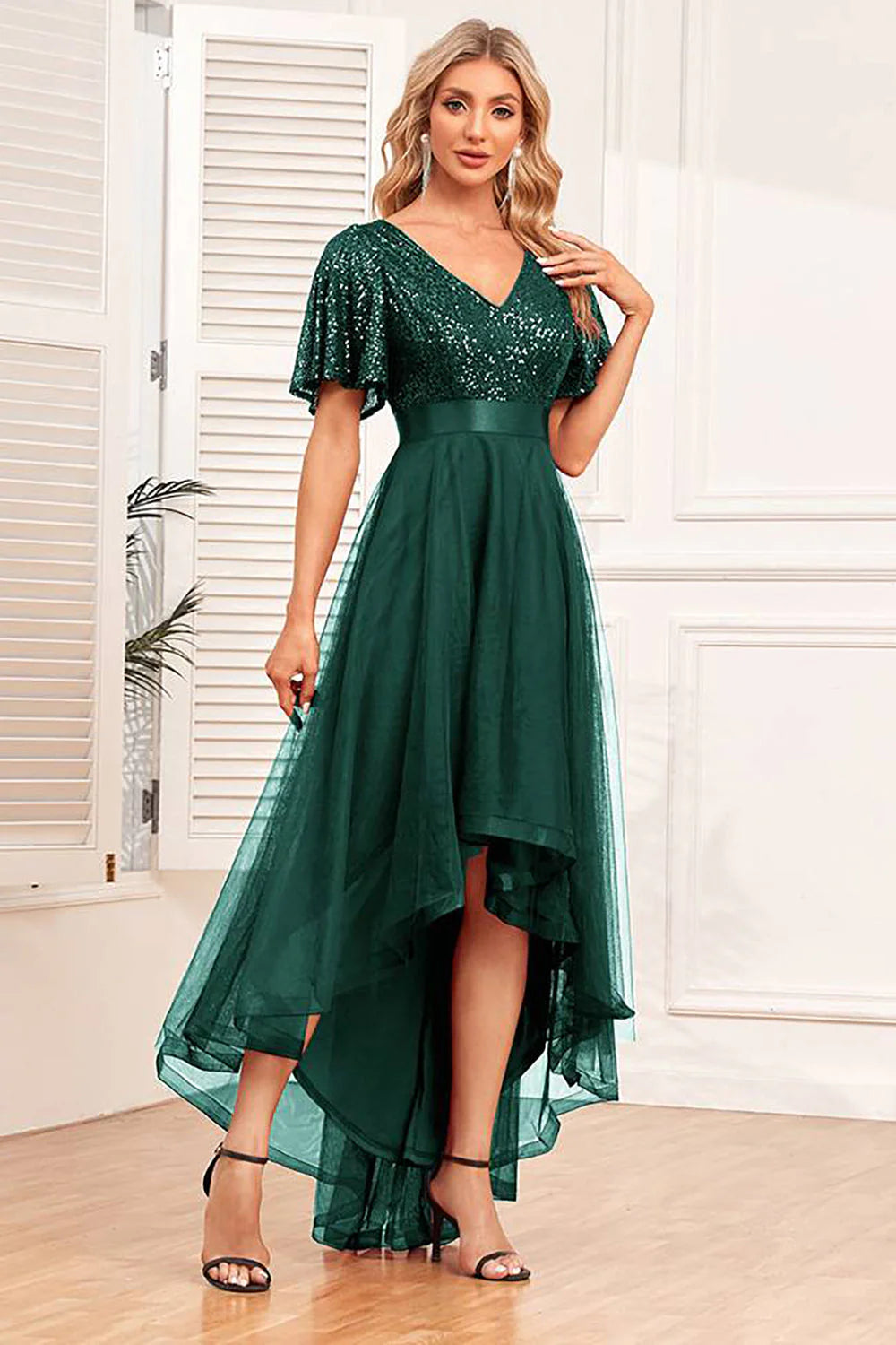 Red sequin V-neck chiffon irregular ball dress