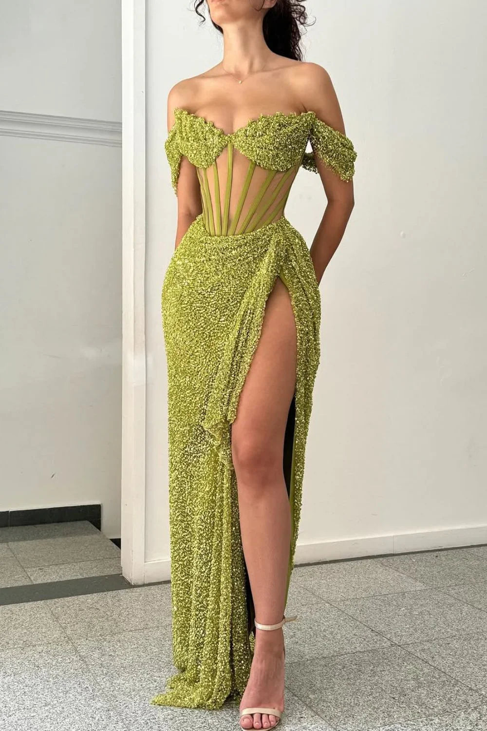 DingJiDress Sparkly Mermaid Off The Shoulder Long with High Slit Charming Prom Dress